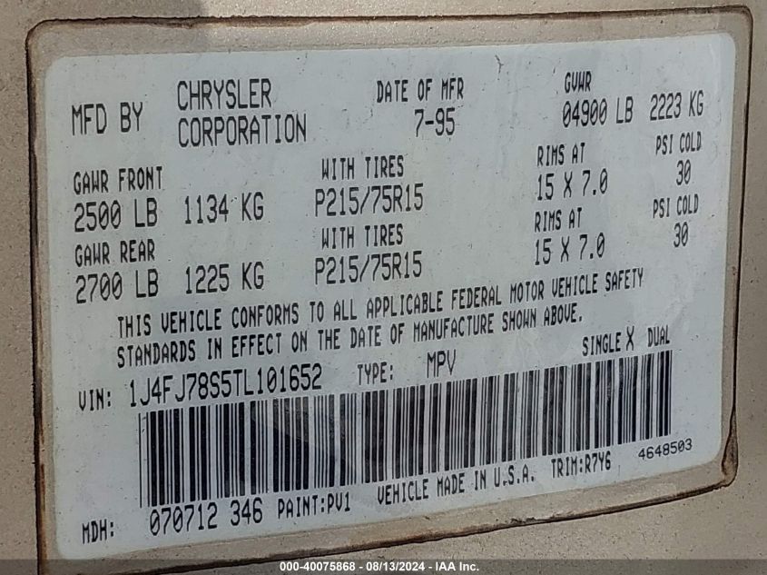 1996 Jeep Cherokee Country VIN: 1J4FJ78S5TL101652 Lot: 40075868