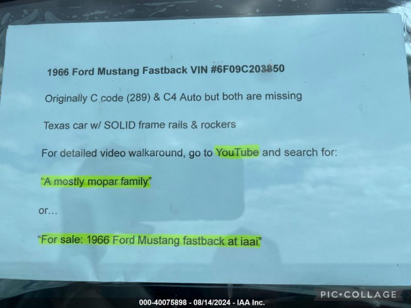 1966 Ford Mustang VIN: 6F09C203850 Lot: 40075898