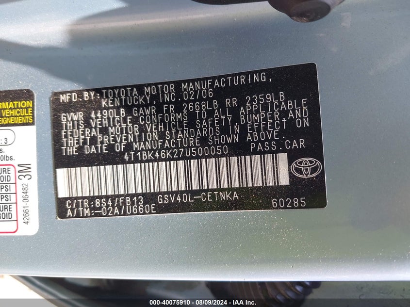 2007 Toyota Camry Le V6 VIN: 4T1BK46K27U500050 Lot: 40075910