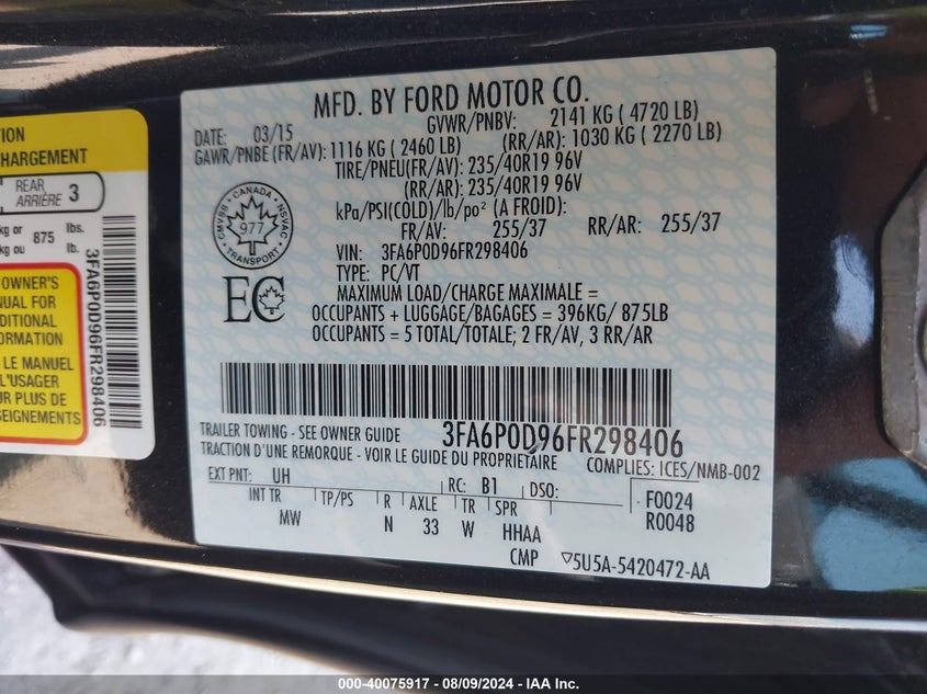 2015 Ford Fusion Titanium VIN: 3FA6P0D96FR298406 Lot: 40075917