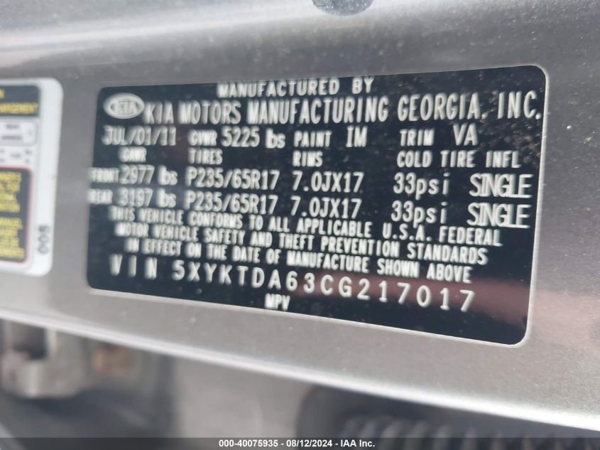 2012 Kia Sorento Lx VIN: 5XYKTDA63CG217017 Lot: 40075935