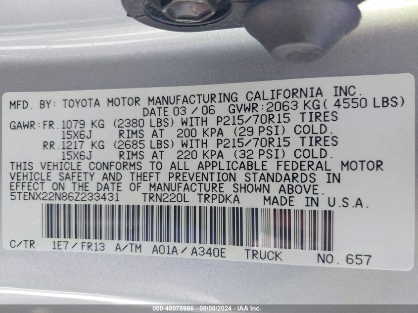2006 Toyota Tacoma VIN: 5TENX22N86Z233431 Lot: 40075966