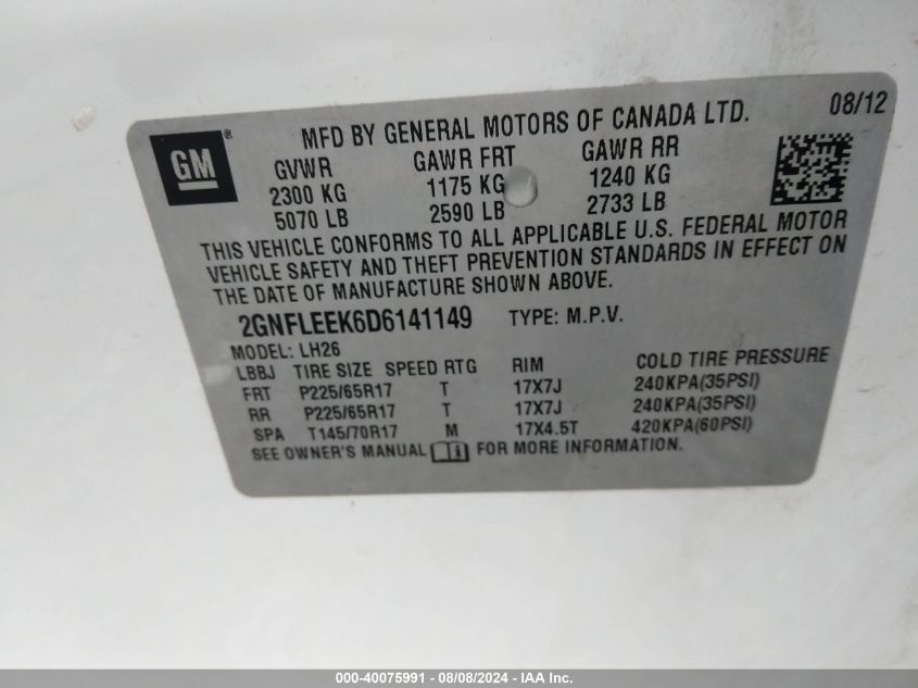 2013 Chevrolet Equinox 1Lt VIN: 2GNFLEEK6D6141149 Lot: 40075991