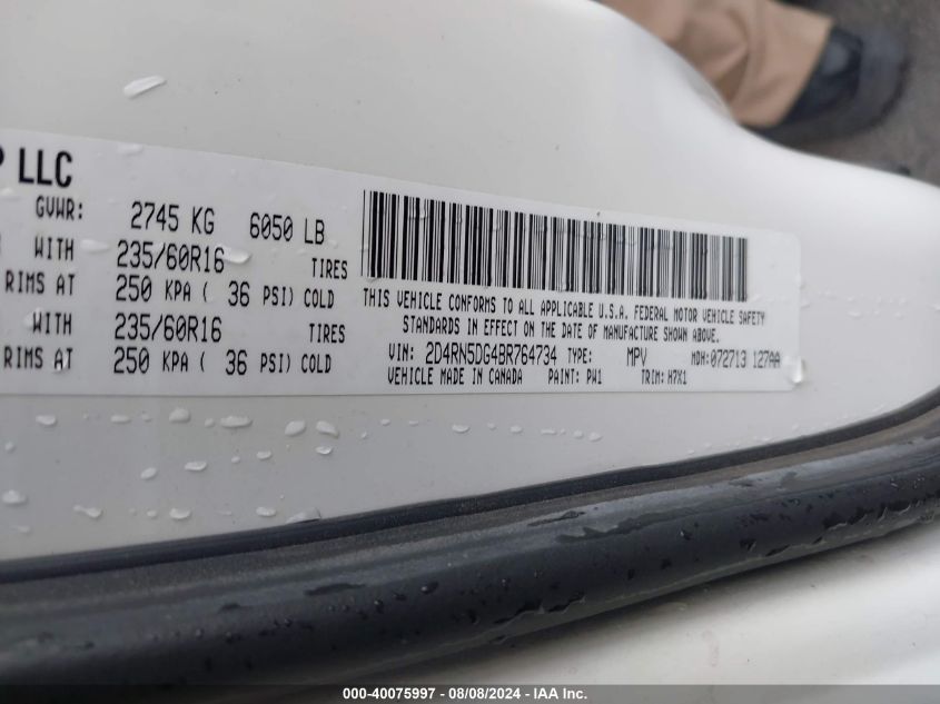 2011 Dodge Grand Caravan Crew VIN: 2D4RN5DG4BR764734 Lot: 40075997