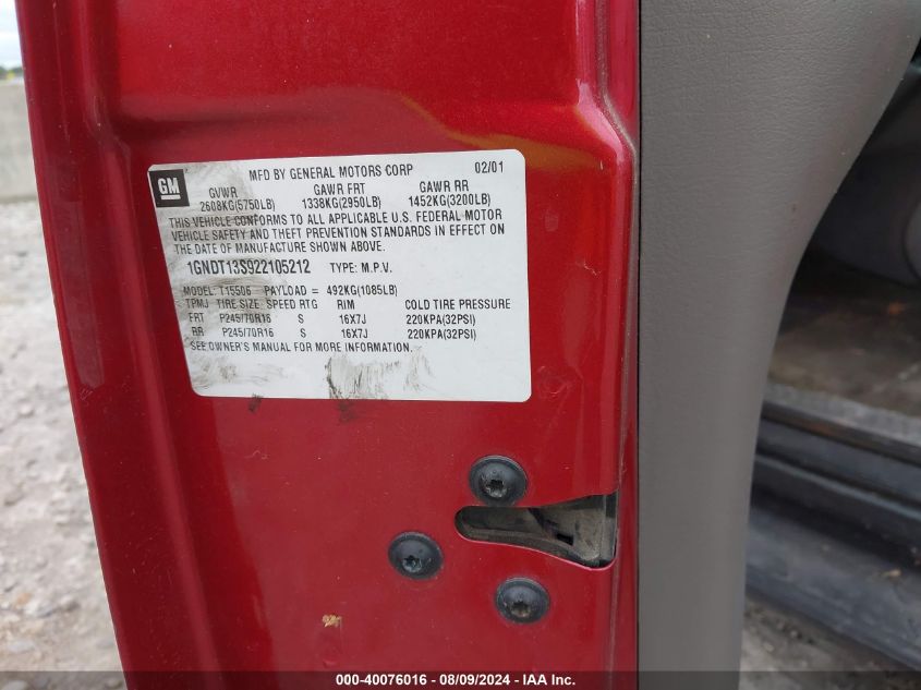 2002 Chevrolet Trailblazer Lt VIN: 1GNDT13S922105212 Lot: 40076016