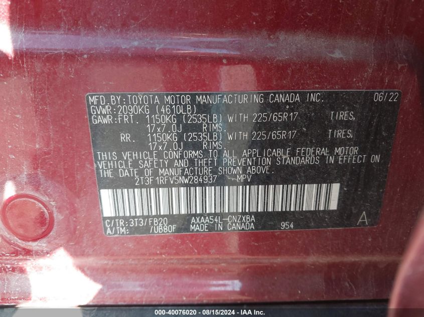 2022 Toyota Rav4 Le VIN: 2T3F1RFV5NW284937 Lot: 40076020