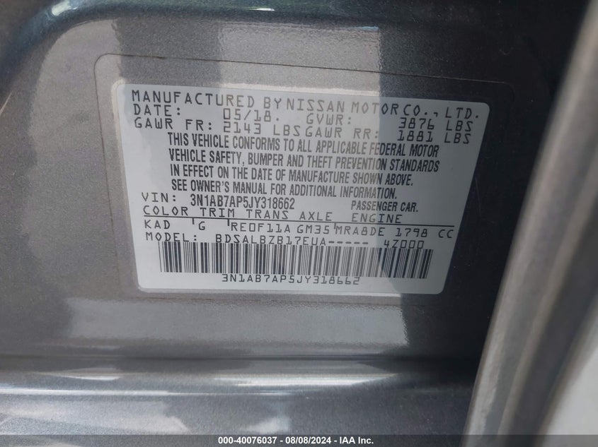 2018 Nissan Sentra S VIN: 3N1AB7AP5JY318662 Lot: 40076037