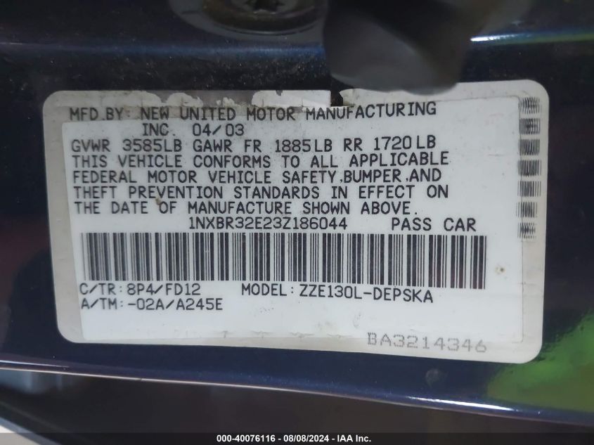 2003 Toyota Corolla S VIN: 1NXBR32E23Z186044 Lot: 40076116