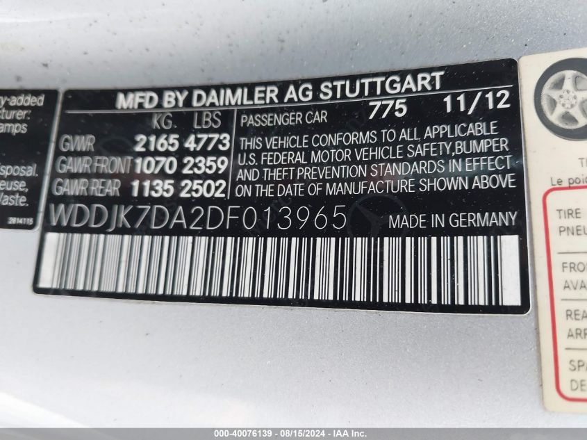 2013 Mercedes-Benz Sl 550 VIN: WDDJK7DA2DF013965 Lot: 40076139