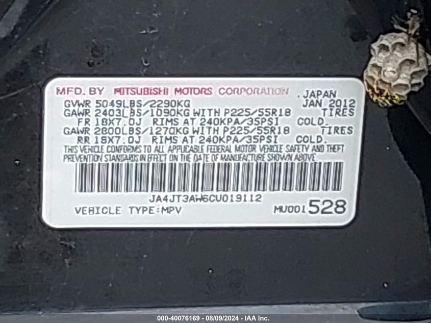 2012 Mitsubishi Outlander Se VIN: JA4JT3AW6CU019112 Lot: 40076169