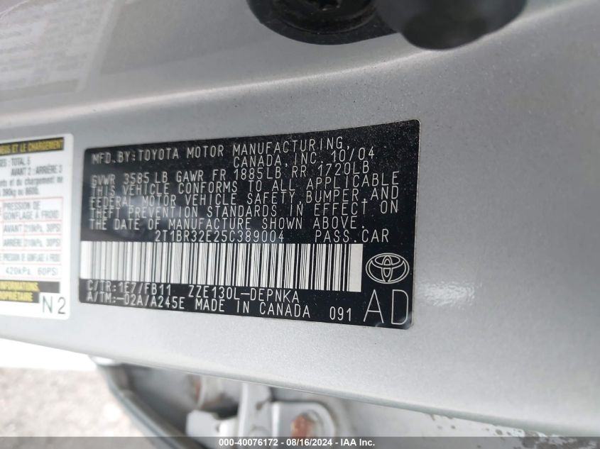 2005 Toyota Corolla Le VIN: 2T1BR32E25C389004 Lot: 40076172