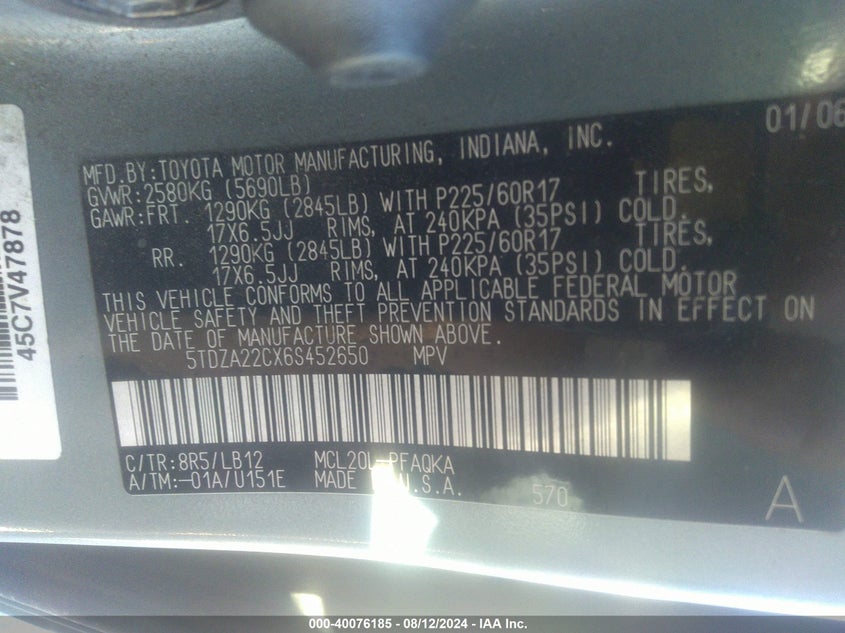 2006 Toyota Sienna Xle VIN: 5TDZA22CX6S452650 Lot: 40076185