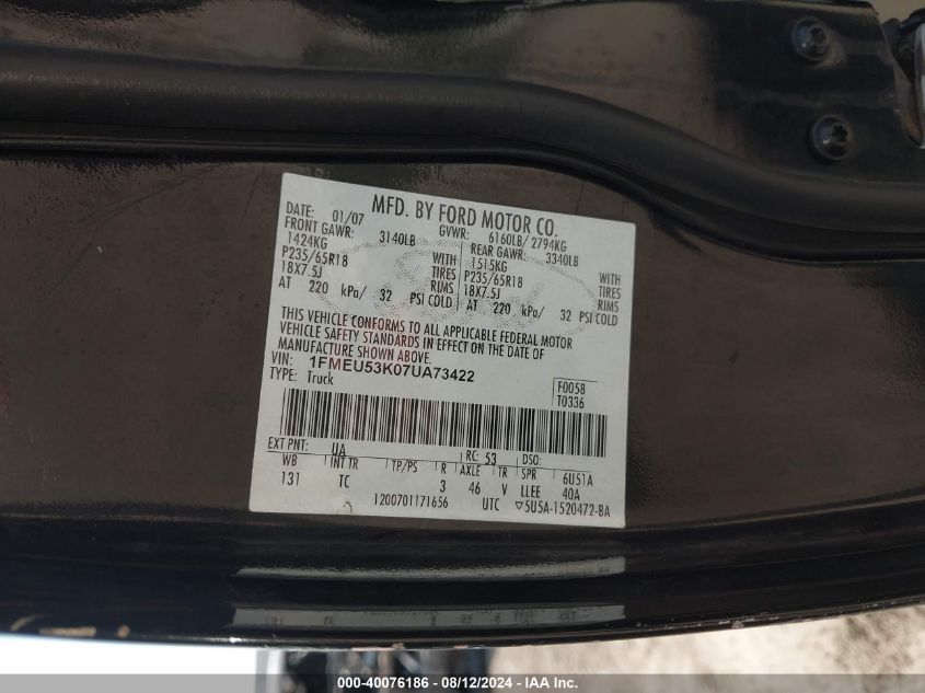 2007 Ford Explorer Sport Trac Limited VIN: 1FMEU53K07UA73422 Lot: 40076186