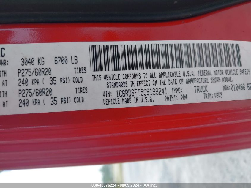 2012 Ram 1500 St VIN: 1C6RD6FT5CS199241 Lot: 40076224