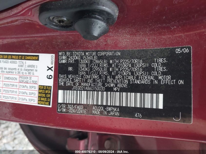 2006 Toyota Highlander VIN: JTEGD21A860150030 Lot: 40076310