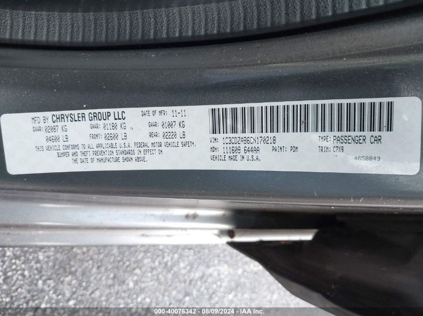 2012 Dodge Avenger Se VIN: 1C3CDZAB6CN170218 Lot: 40076342