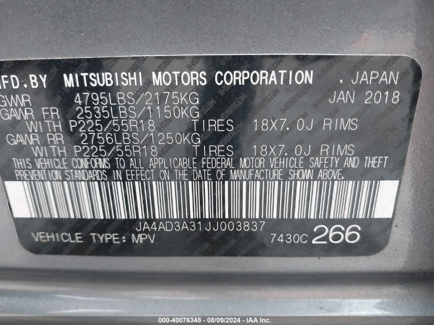 2018 Mitsubishi Outlander Se/Sel/Le VIN: JA4AD3A31JJ003837 Lot: 40076348