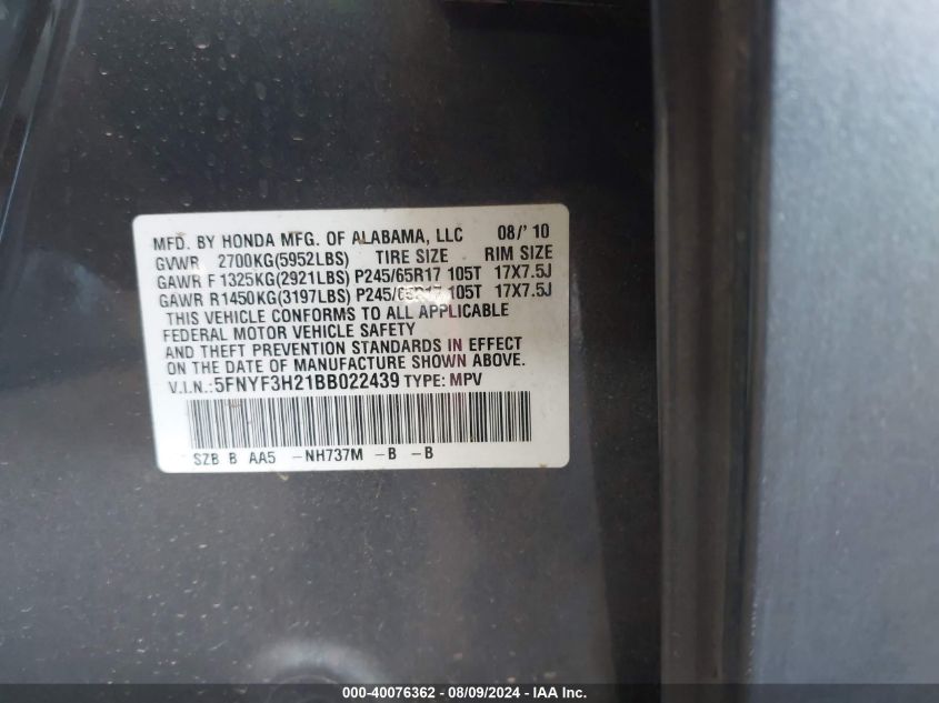 2011 Honda Pilot Lx VIN: 5FNYF3H21BB022439 Lot: 40076362