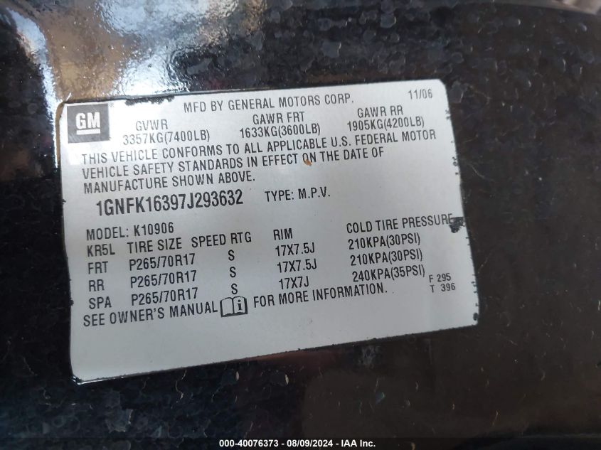 2007 Chevrolet Suburban 1500 Lt VIN: 1GNFK16397J293632 Lot: 40076373