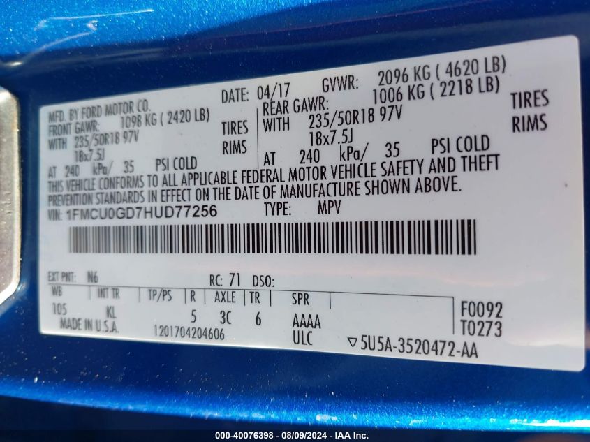 2017 Ford Escape Se VIN: 1FMCU0GD7HUD77256 Lot: 40076398