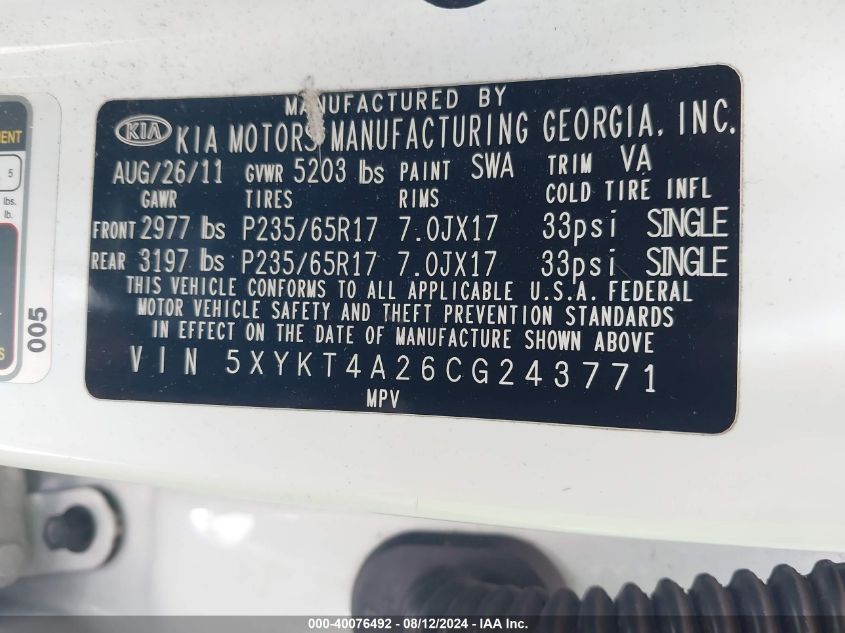 2012 Kia Sorento Lx V6 VIN: 5XYKT4A26CG243771 Lot: 40076492