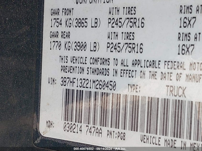 2001 Dodge Ram 1500 St VIN: 3B7HF13Z21M260450 Lot: 40076502