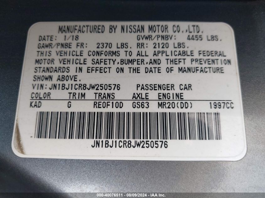 2018 Nissan Rogue Sport S VIN: JN1BJ1CR8JW250576 Lot: 40076511