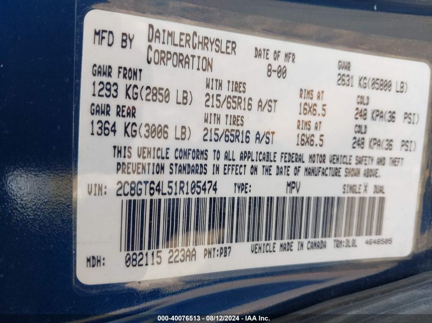 2001 Chrysler Town & Country Limited VIN: 2C8GT64L51R105474 Lot: 40076513