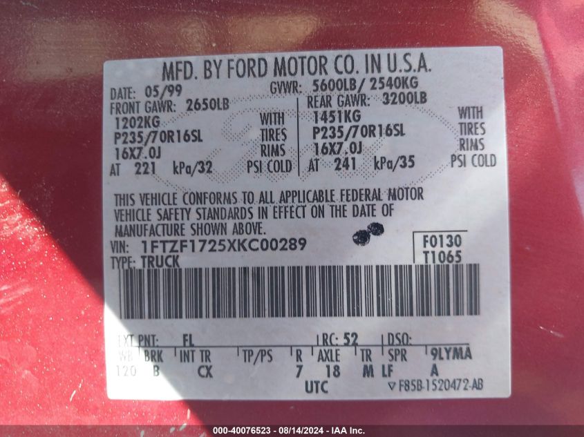 1999 Ford F-150 Work Series/Xl/Xlt VIN: 1FTZF1725XKC00289 Lot: 40076523