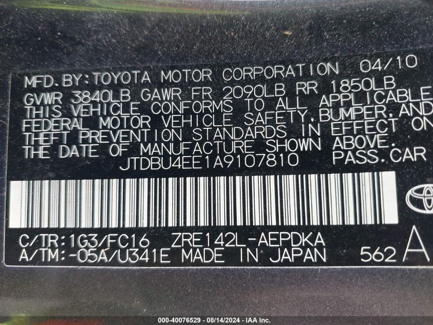 2010 Toyota Corolla Le VIN: JTDBU4EE1A9107810 Lot: 40076529