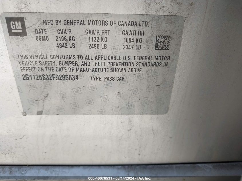 2015 Chevrolet Impala 2Lt VIN: 2G1125S32F9285634 Lot: 40076531