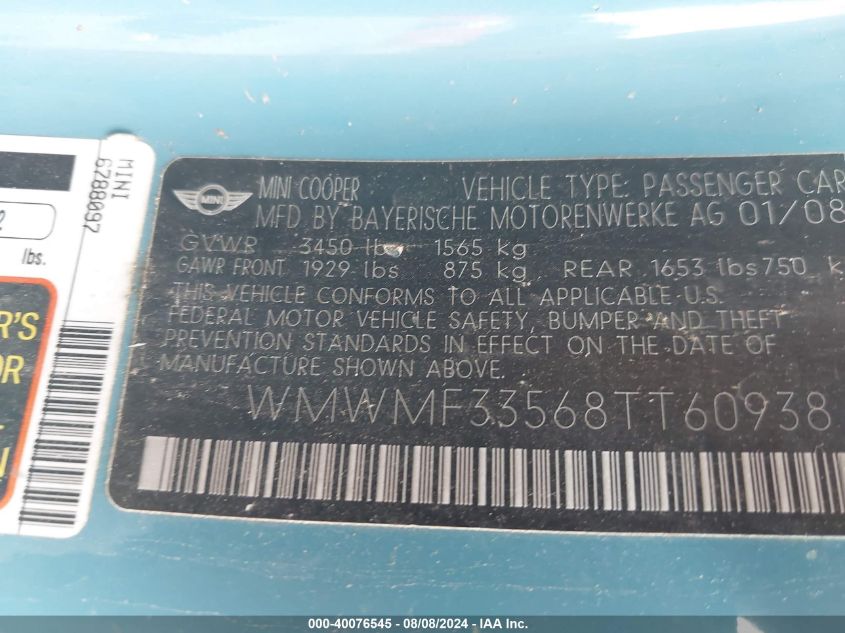 2008 Mini Cooper VIN: WMWMF33568TT60938 Lot: 40076545