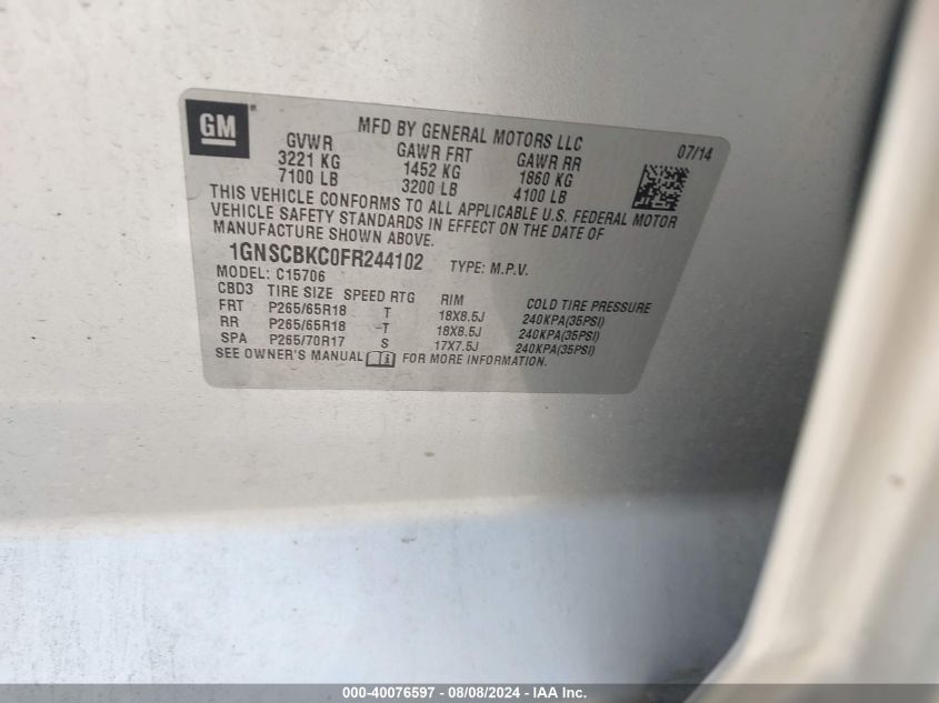 2015 Chevrolet Tahoe Lt VIN: 1GNSCBKC0FR244102 Lot: 40076597