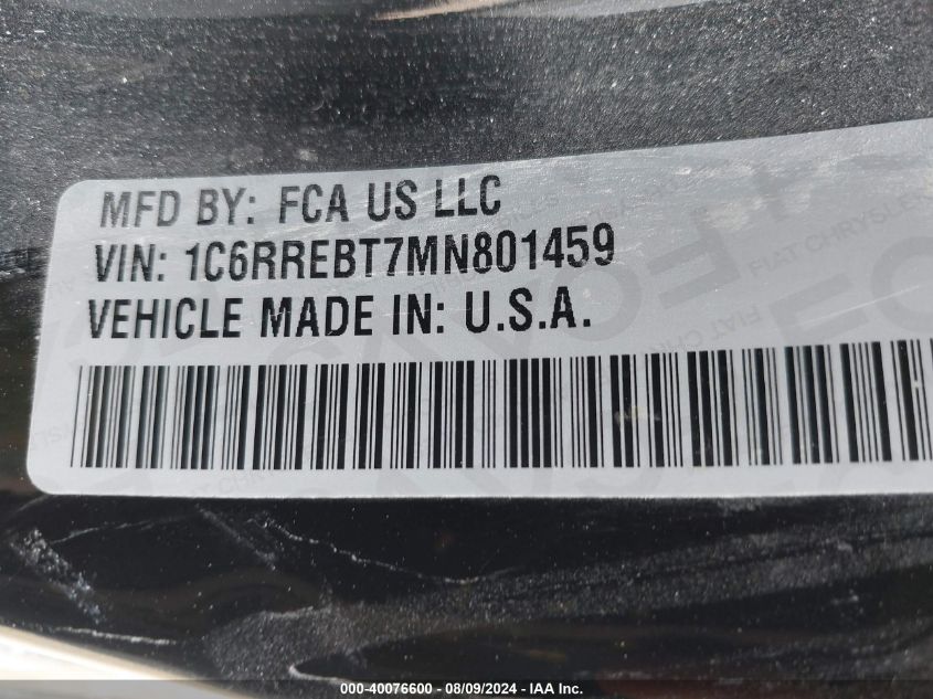 2021 Ram 1500 Big Horn Quad Cab 4X2 6'4 Box VIN: 1C6RREBT7MN801459 Lot: 40076600
