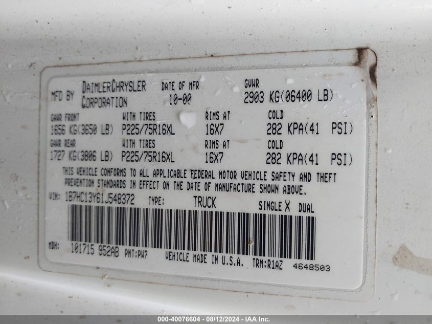 2001 Dodge Ram 1500 St VIN: 1B7HC13Y61J548372 Lot: 40076604