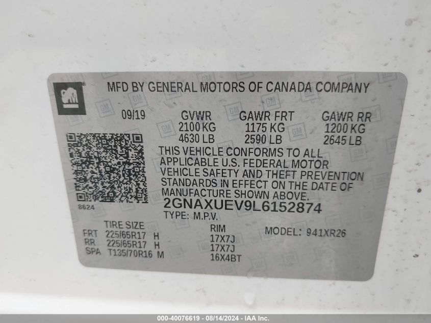 2020 CHEVROLET EQUINOX AWD LT 1.5L TURBO - 2GNAXUEV9L6152874