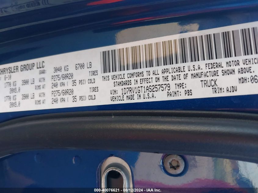 2010 Dodge Ram 1500 VIN: 1D7RV1GT1AS257579 Lot: 40076621