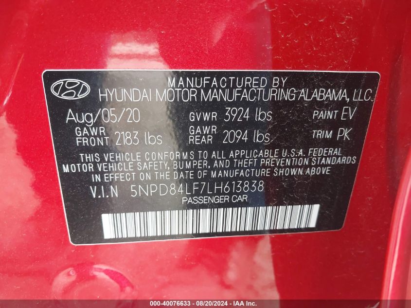 2020 Hyundai Elantra Sel VIN: 5NPD84LF7LH613838 Lot: 40076633