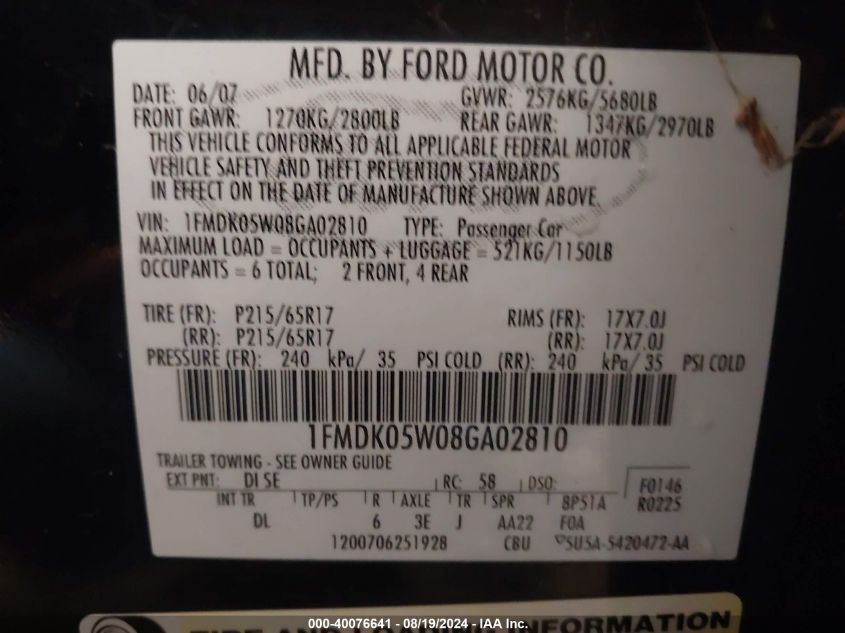 1FMDK05W08GA02810 2008 Ford Taurus X Sel