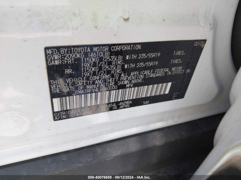 2020 Toyota Rav4 Xle Premium VIN: JTMA1RFV4LD060000 Lot: 40076659