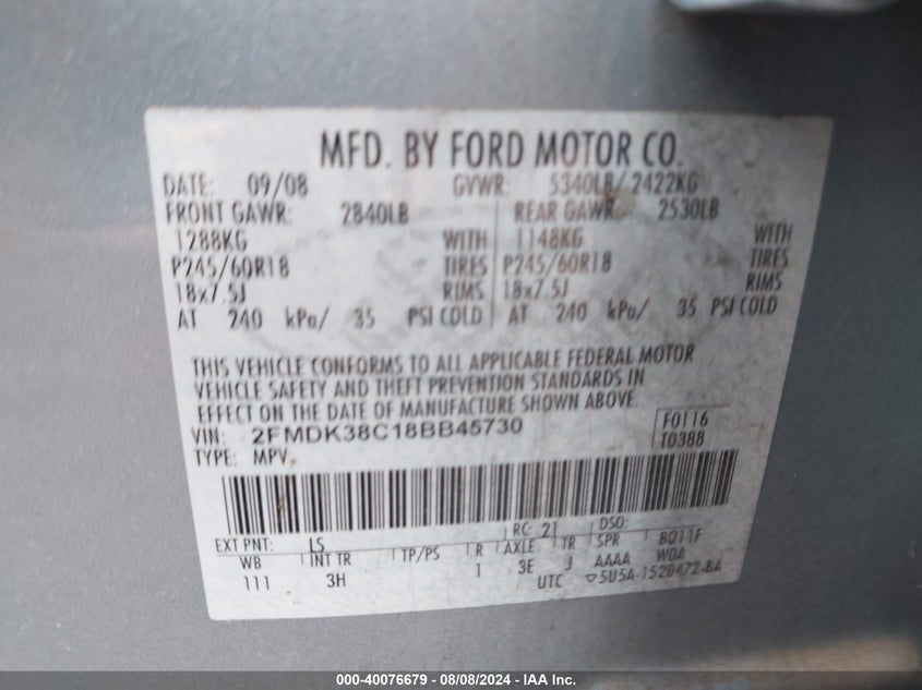 2008 Ford Edge Sel VIN: 2FMDK38C18BB45730 Lot: 40076679