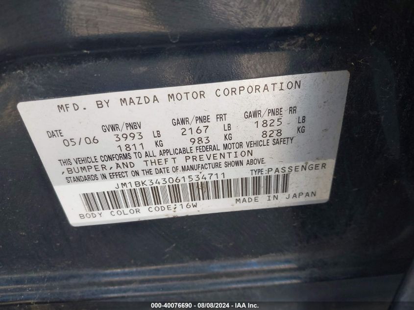 2006 Mazda Mazda3 S Grand Touring VIN: JM1BK343061534711 Lot: 40076690