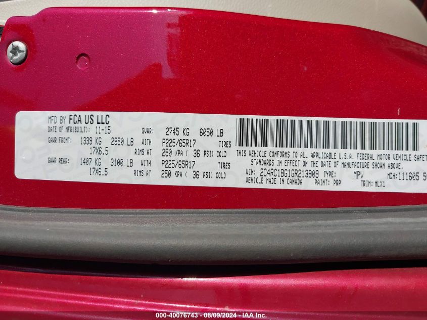 2016 Chrysler Town & Country Touring VIN: 2C4RC1BG1GR213909 Lot: 40076743