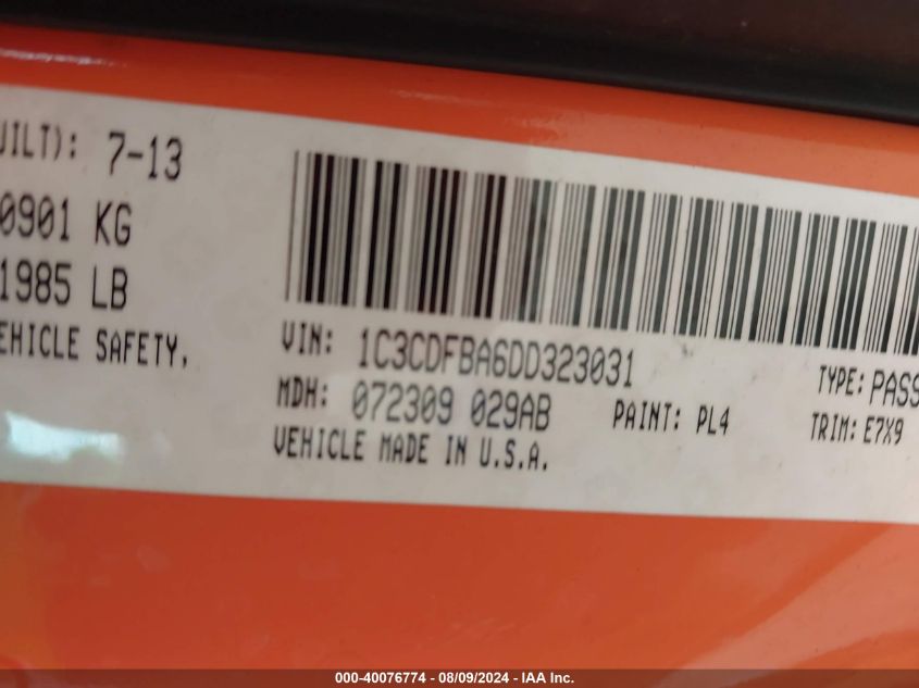 2013 Dodge Dart Sxt VIN: 1C3CDFBA6DD323031 Lot: 40076774