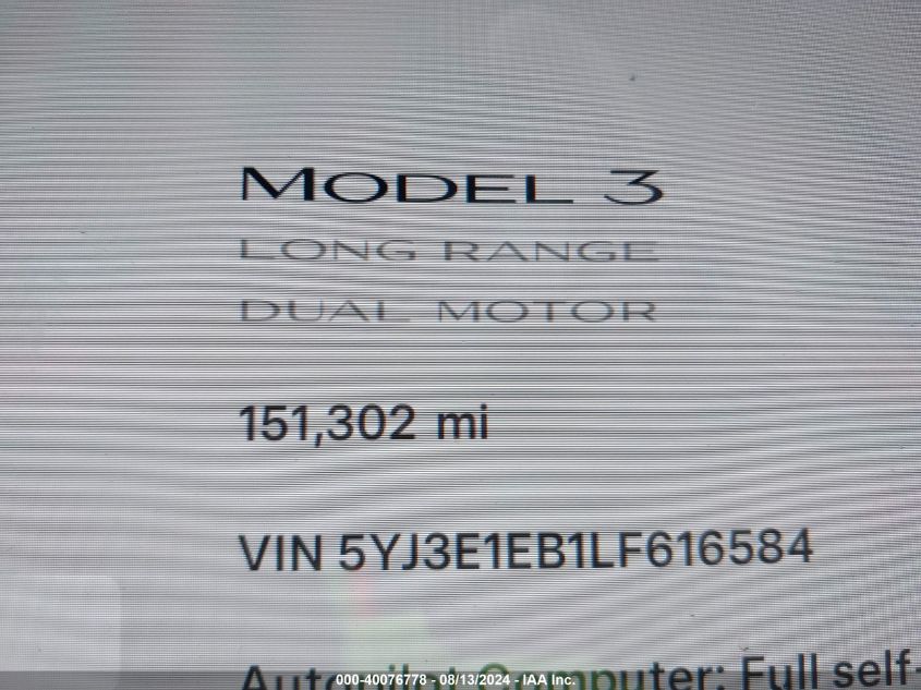 2020 Tesla Model 3 Long Range Dual Motor All-Wheel Drive VIN: 5YJ3E1EB1LF616584 Lot: 40076778