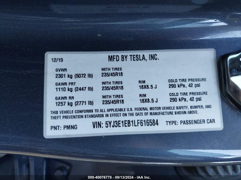 2020 Tesla Model 3 Long Range Dual Motor All-Wheel Drive VIN: 5YJ3E1EB1LF616584 Lot: 40076778