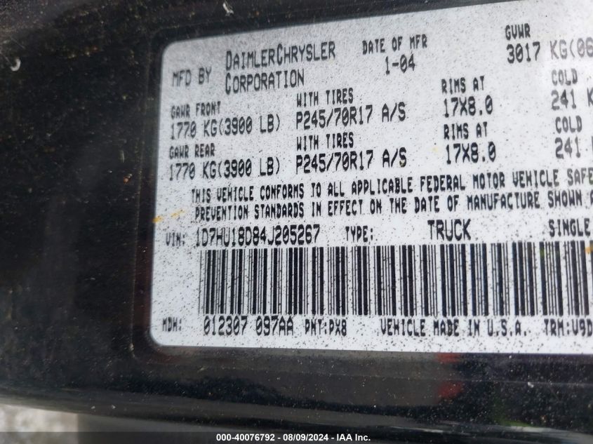 2004 Dodge Ram 1500 Slt/Laramie VIN: 1D7HU18D84J205267 Lot: 40076792