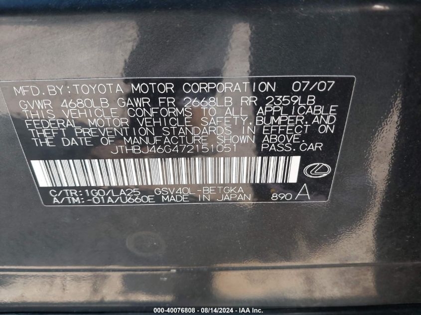 2007 Lexus Es 350 VIN: JTHBJ46G472151051 Lot: 40076808