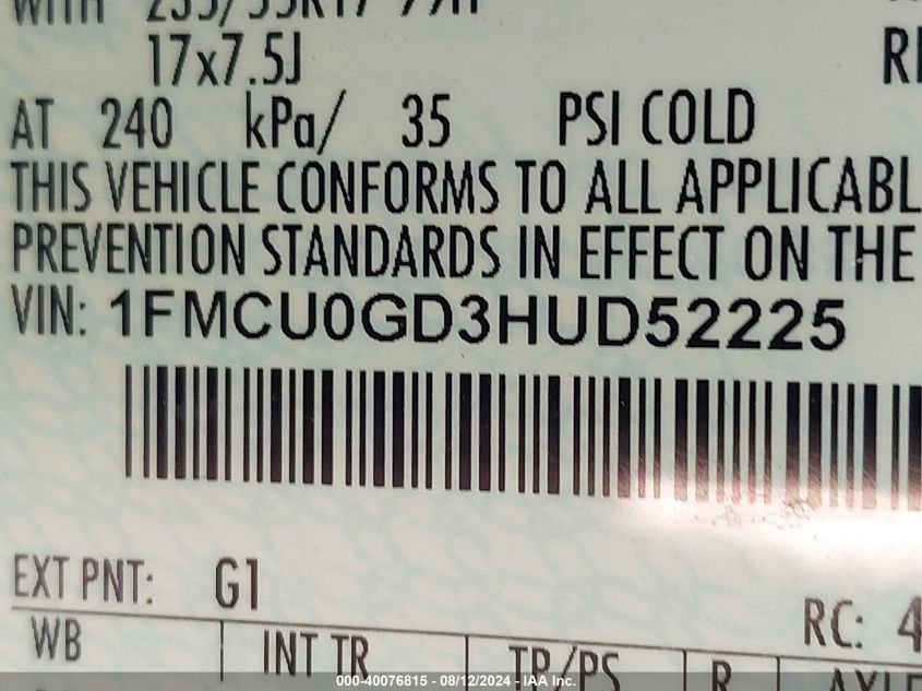 2017 Ford Escape Se VIN: 1FMCU0GD3HUD52225 Lot: 40076815