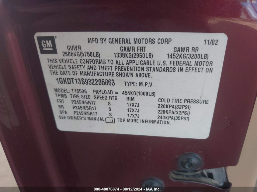 2003 GMC Envoy Slt VIN: 1GKDT13S932206863 Lot: 40076874